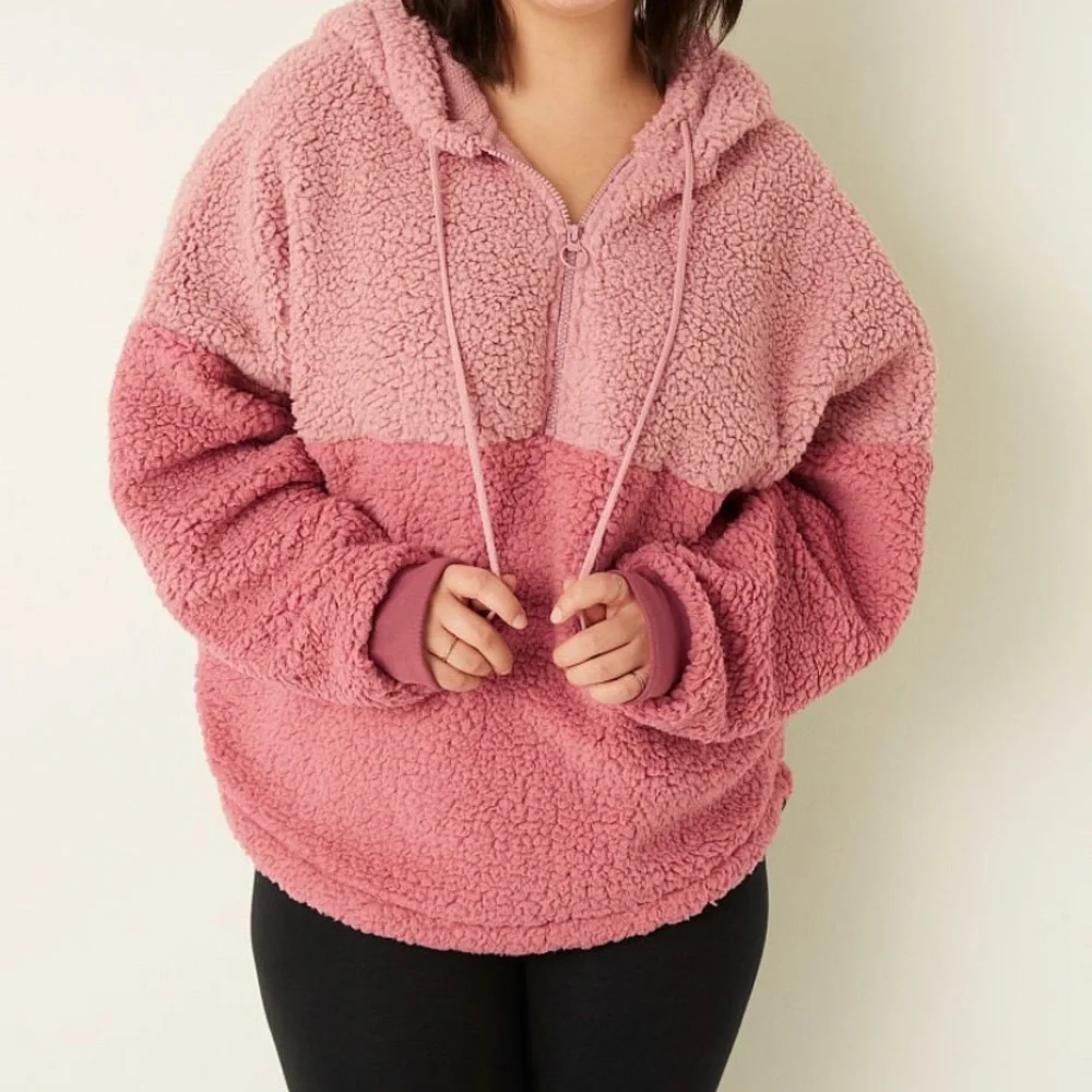 Size XL Varsity Sherpa half zip hooded pull over from PINK + free 🎁 - Picture 1 of 7